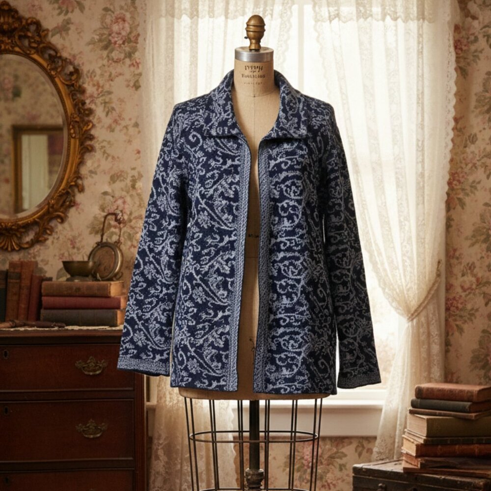 A.IDA grey navy Wool blend Cardigan Sweater Wrap Drape Front Size M, nordic